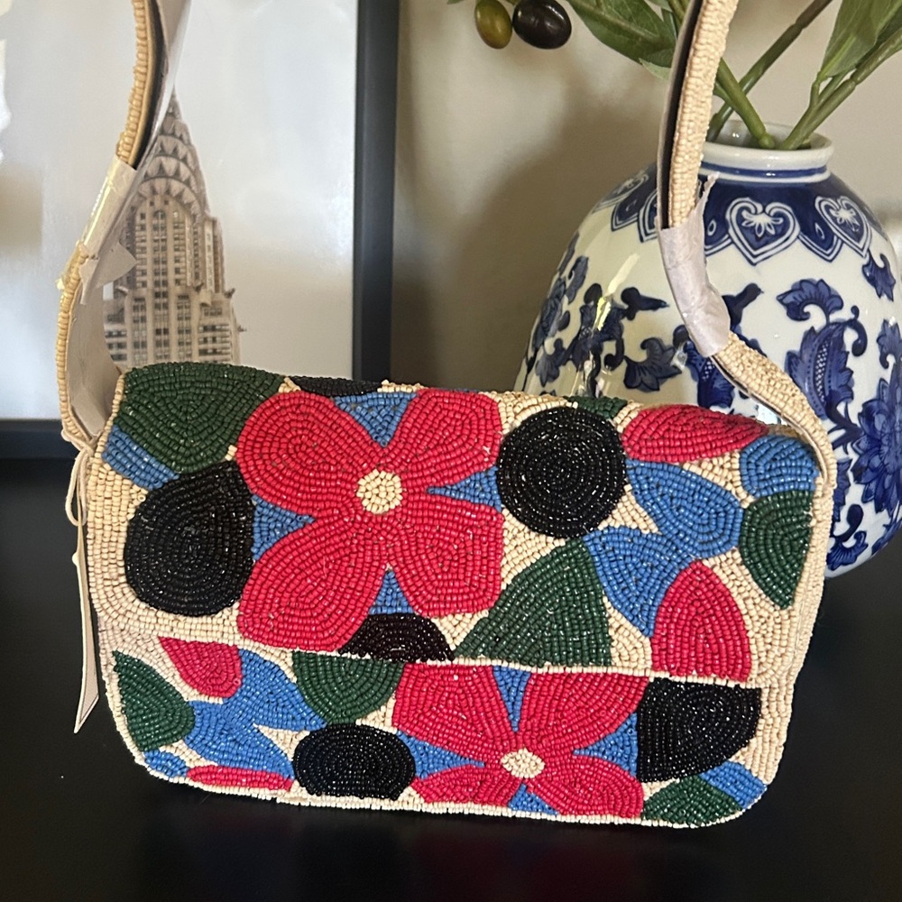 Viral Floral Beaded Shoulder Bag in Pink Blue and Green Print